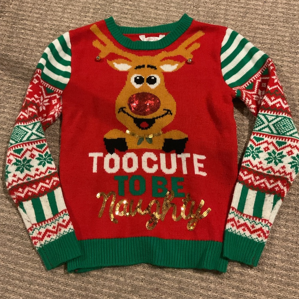 No Boundaries junior Reindeer holiday ugly Christmas Sweater small 3/5 bells